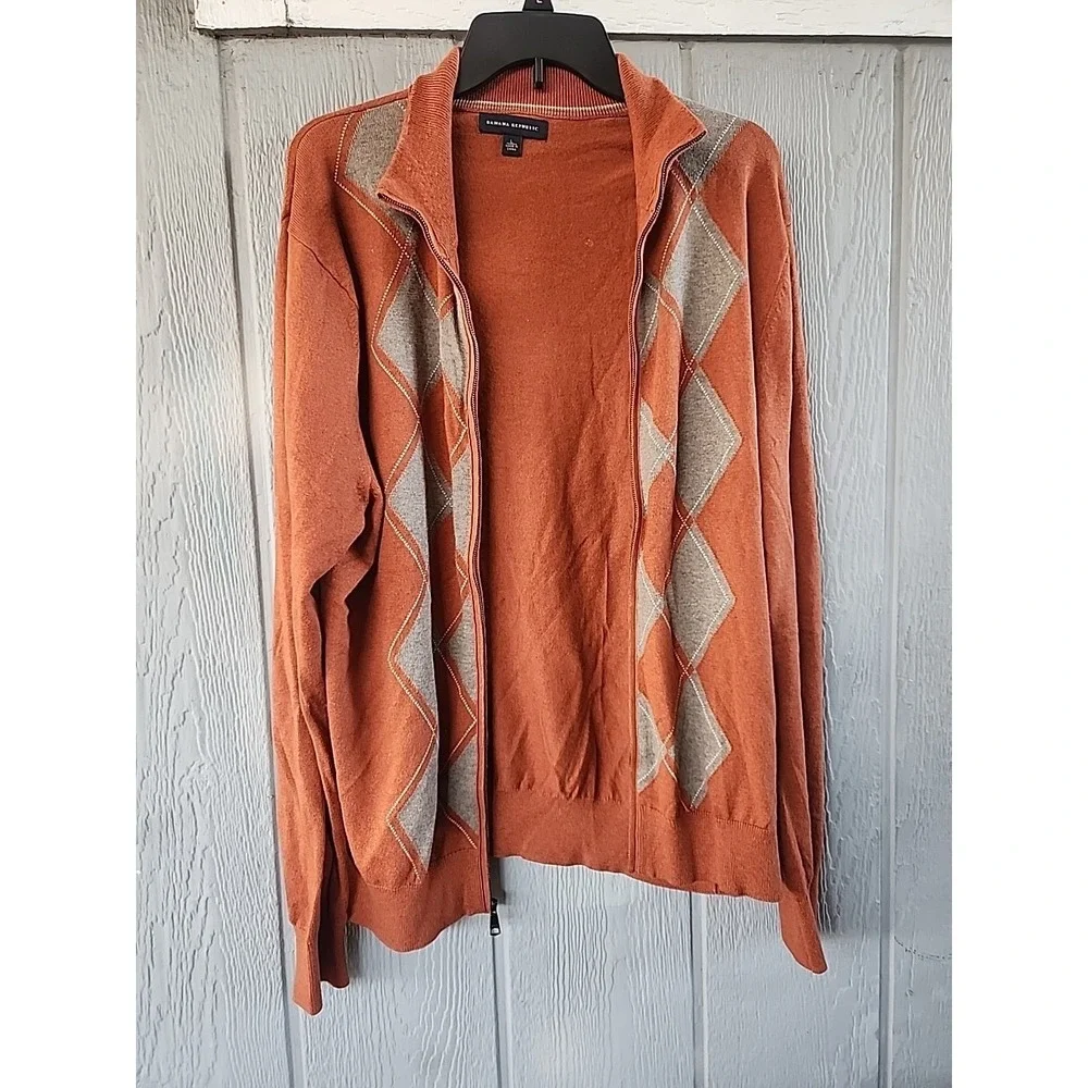 Banana Republic Men Burnt Orange Gray Argyle Zip Up Sweater Sz L Luxury‎ Blend